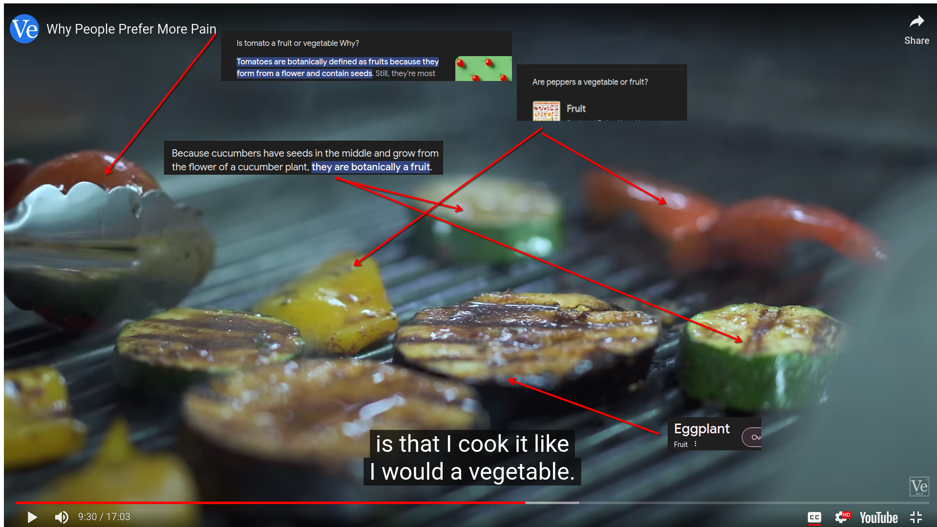 Trusted science youtuber veritasium makes the claim you cook eggplant like a vegtable showing b-roll of only fruits being cooked